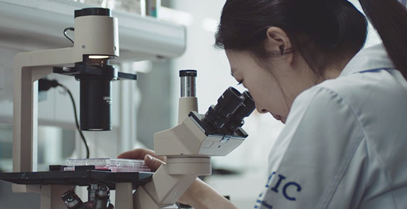 연구소에서 현미경으로 관찰하고 있는 모습